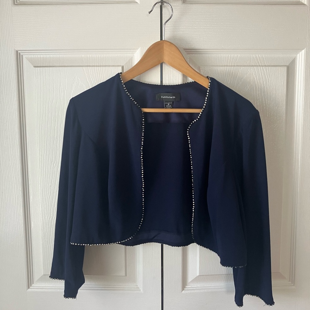 R & M Richards Navy Blue Short Cardigan Jacket w/ Rhinestones Formal SZ 16 EUC